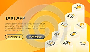 Taxi app web page template with thin line isometric icons: payment method, promocode, app settings, info, support service, pointer