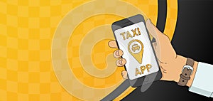Taxi application banner. Hand holding smartphone with taxi hire service app. Black and yellow background with copy space. Taxi