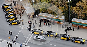 Taxi in Barcelona are on the riser.ÃÂ  View from above. photo