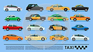 Taxi cab icons set poster or banner, China, UK, USA, Korea, Australia, Brasil, Spain, Russia, Egypt, India, Hong Kong, Mexico,