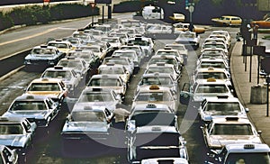 Taxi cab line up outside Newark , New Jersey Airport  on June 2 , 1985.