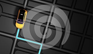 Taxi cab online internet service transportation concept  yellow taxi on darck gps map 3d render illustration