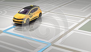 Taxi cab online internet service transportation concept yellow taxi on light gps map 3d render illustration