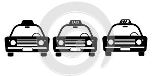 Taxi Cab Vintage Old Front View Set. Three taxi cab car automobile black and white illustration. EPS Vector