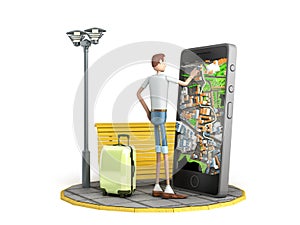 Taxi call concept route planning cartoon style man paves the road on smartphone 3d render on white