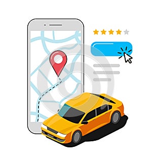 Taxi call using mobile application. Transportation vector illustration