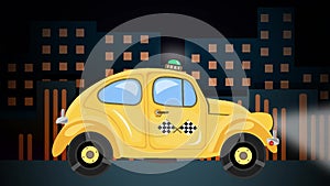 Taxi car animation on city landscape background at night time