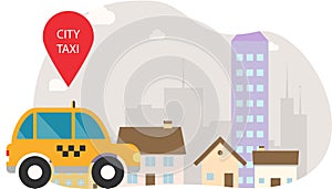 Taxi car in city. Cab car service in front of cityscape. Urban yellow taxi vehicle. Cartoon illustration of modern city scape.