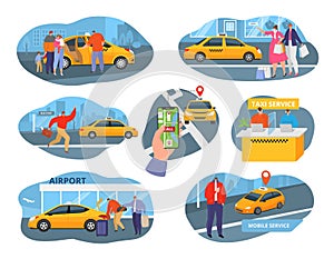 Taxi car driver and service icons set with transport, people using taxicab and taxi system elements flat isolated vector