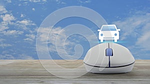 Taxi car flat icon with wireless computer mouse on wooden table over blue sky with white clouds, Business transportation service o