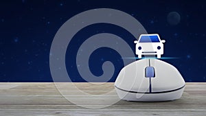 Taxi car flat icon with wireless computer mouse on wooden table over fantasy night sky and moon, Business transportation service o