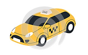 Taxi car. Passenger auto transport. Yellow cab, automobile, city ride service. Classic taxicab with sign on roof. Urban