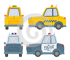 Taxi car and Police car isolated on white background, Front and side view