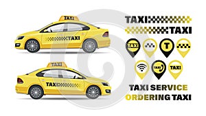 Taxi. Car service, taxi ordering. Set of vector icons and yellow car.