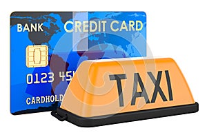 Taxi car signboard with payment card. Cashless payments concept. 3D rendering