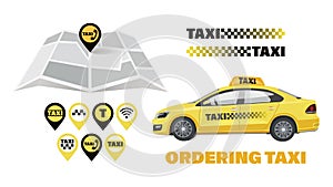 Taxi car. Taxi ordering. Map. City transport service icon set.