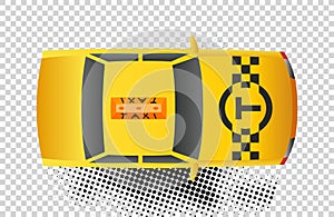 Taxi car top view icon. Yellow taxicab sedan with checker top light box on roof flat style vector illustration isolated