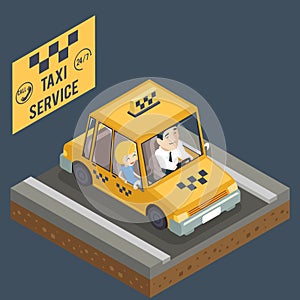 Taxi Car Trip Yellow Cab Transportation City Urban Automobile Road Isometric 3d Flat Design Concept Icon Vector