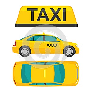 Taxi car. View top and side. Flat styled illustration. Isolated on white background.