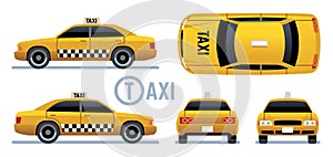 Taxi car. Yellow cab view from side, front, back and top. Cartoon city taxi vector set