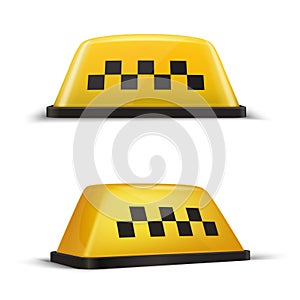 Taxi checker yellow sign realistic set. Taxicab, car accessories. Cab top lights. photo
