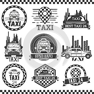 Taxi company labels in vintage style. Design elements, icons, logo, emblems. Cab transportation service.