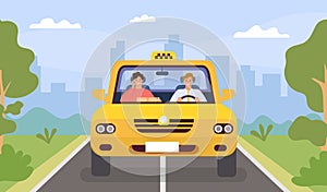 Taxi driver and client. Man drive car and passenger with smartphone. Front view cab in city landscape. Flat cartoon taxi