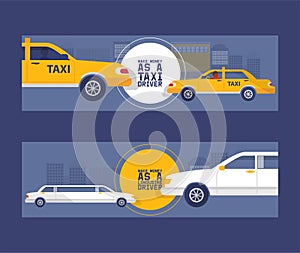 Taxi driver concept set of banners vector illustration. Car, transport, transportation, transfer icon. Public service