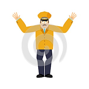 Taxi driver confused oops. Cabbie perplexed emotions. Cabdriver surprise. Vector illustration