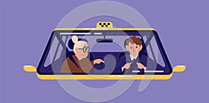 Taxi driver and elderly woman sitting in front seat of cab and talking to him seen through windscreen. Old lady or