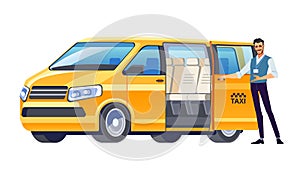 Taxi driver inviting passenger get into Minibus taxi. Van car driver service. Cab Company Business. Welcome hand gesture