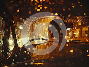 A taxi driver navigates through the downpour, his face intense with concentration as raindrops blur the windshield