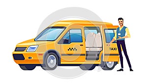 Taxi driver opens the door of his car and invites passengers. Yellow car taxi. Taxi service offer. Welcome hand gesture