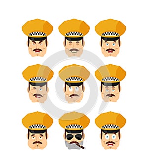 Taxi driver set emoji avatar. sad and angry face. guilty and sleeping. Cabbie sleeping emotion face. Cabdriver Vector illustration photo