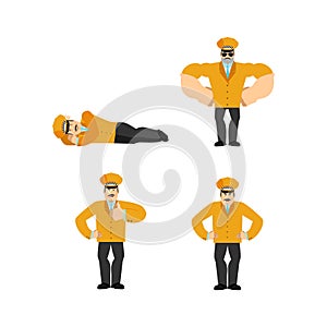 Taxi driver set poses. Cabdriver happy. Cabbie sleeping and angry. guilty and sad. Vector illustration