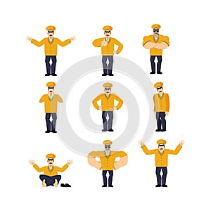 Taxi driver set poses. Cabdriver happy and yoga. Cabbie sleeping and angry. guilty and sad. Vector illustration