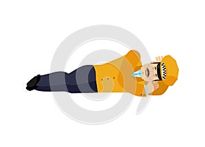 Taxi driver sleeping. Cabdriver asleep emotions. Cabbie dormant. Vector illustration photo