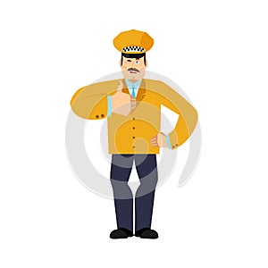 Taxi driver thumbs up and winks. Cabdriver happy emoji. Cabbie Vector illustration