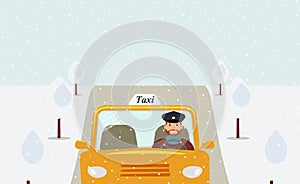 Taxi driver in a uniform cap driving a yellow taxi