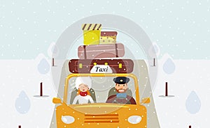 A taxi driver in a uniform cap driving a yellow taxi and a beautiful young woman passenger in a white fur hat and fur coat