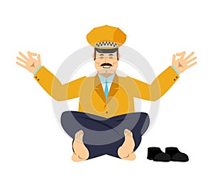 Taxi driver yoga. Cabdriver yogi isolated. Cabbie Relaxation and meditation. Vector illustration