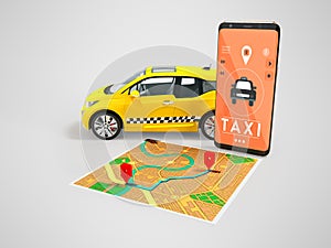 Taxi electric yellow with a call on the smartphone with a map route map 3d render on gray background with shadow