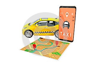 Taxi electric yellow with a call on the smartphone with a map route map 3d render on white background no shadow