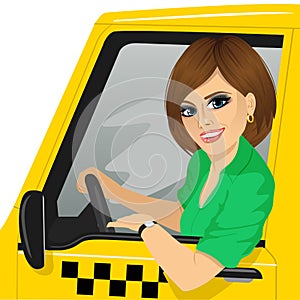 Taxi female driver with sunglasses in yellow car smiling