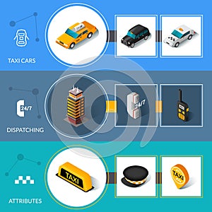 Taxi isometric flat informative banners set photo