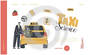 Taxi Order in City Landing Page Template. Experienced Driver Character Wearing Uniform and Cap Loading Luggage to Car