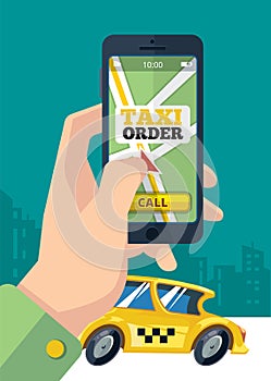 Taxi order. urban transportation hand holding smartphone