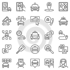 Taxi outline icons set - vector taxi service linear symbols