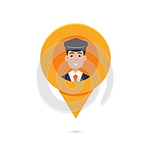 Taxi pin map pointer with avatar limo, taxi driver or cabbie.