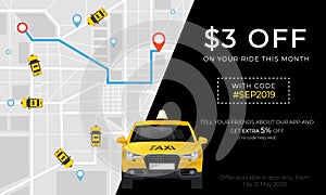 Taxi promo ad banner with profitable proposition vector illustration. Free card with high-tech urban city map with geolocation pin photo